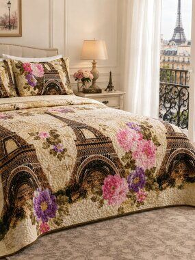 Paris Bedspread Set Eiffel Tower Floral Reversible Quilted 3 Piece Queen King